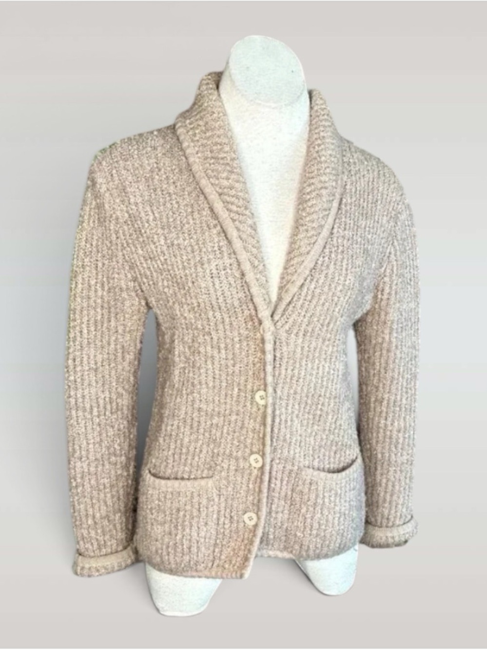 duet Creations Vintage Taupe Ribbed Knit Cardigan Sweater  Made in Hong Kong